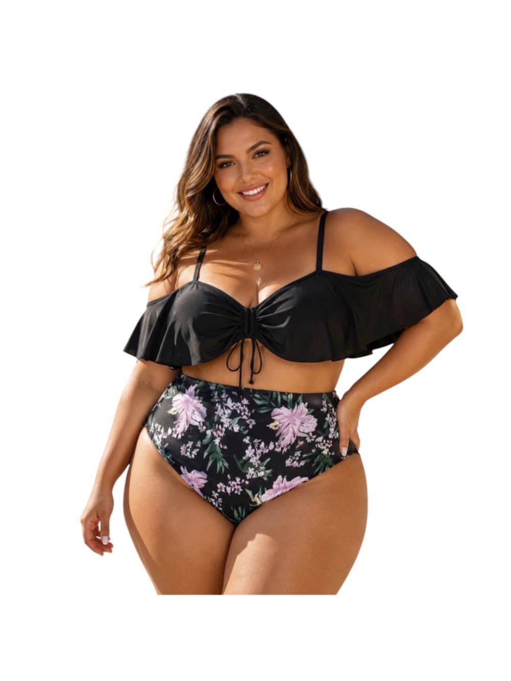 Hanna Nikole Plus Size 24W Off Shoulder Bikini Set Black Floral High Waist